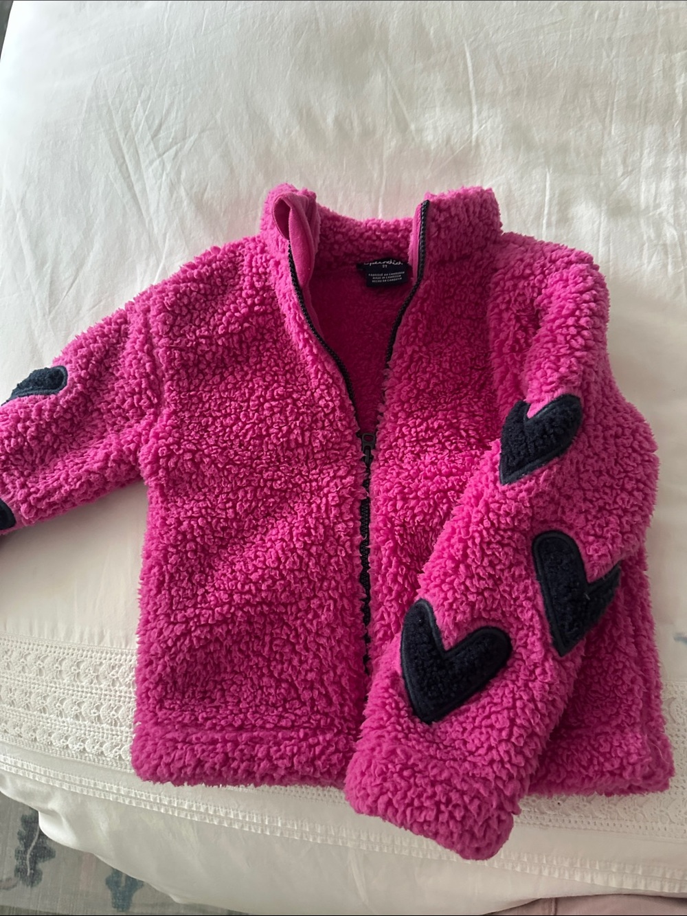 Splendid Hot Pink Sherpa Puffer Jacket with navy Heart Patches